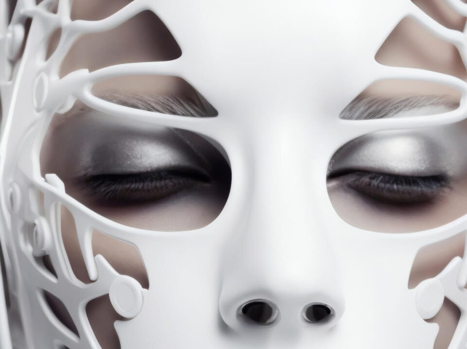 medium shot model posing with futuristic mask 1 medium shot model posing with futuristic mask 1